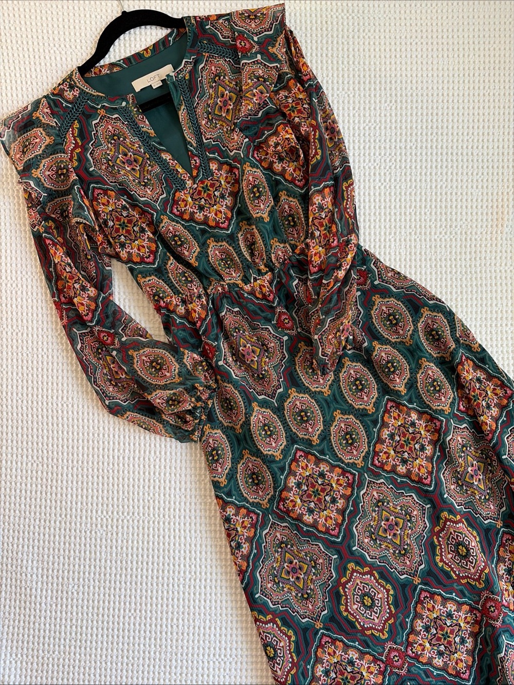 LOFT Teal Green Multi-Print Long Sleeve Midi Dress